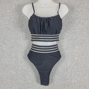 NEW Ruched Bust Contrast Mesh HIgh Waisted Bikini Set Black Summer Beach